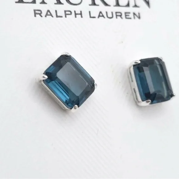 Lauren Ralph Lauren Silver Tone & Deep Blue Square Stud Earrings - NWT ** - Picture 2 of 4